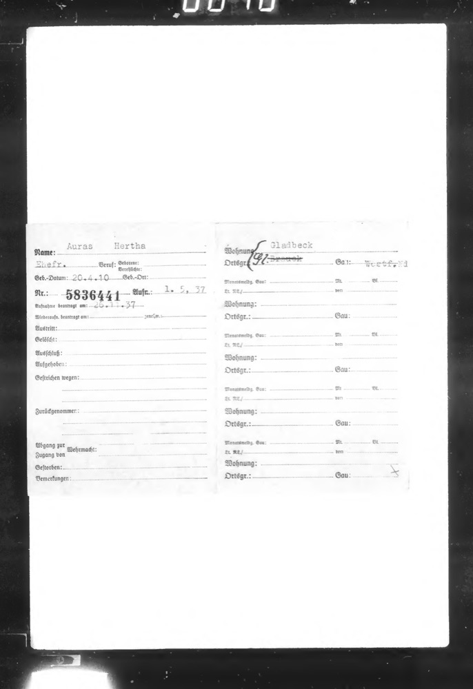 Typewritten NSDAP membership card